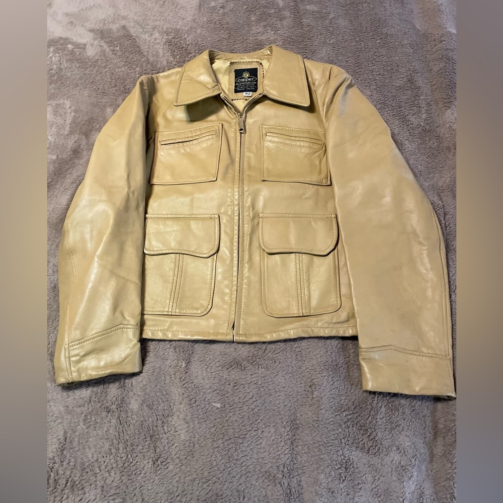 Vintage Cooper Designer OuterwearTaupe Leather Zip Jacket, Men’s 42